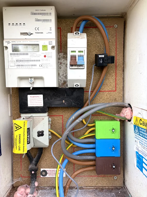 Meter, tails and henley blocks during a rewire in Cardiff